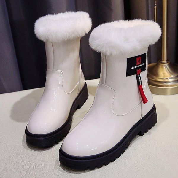 

boots 2021 winter warm women casual snowboots fashion patent leather black high cotton plush thick soles