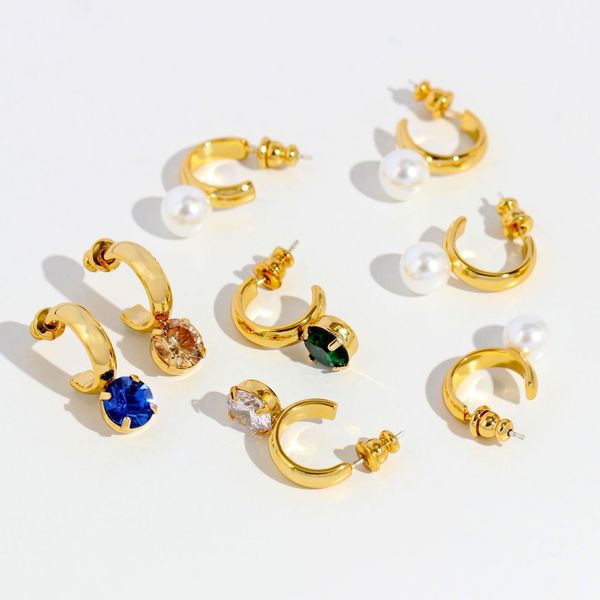 

pearl dangle hoop earrings green blue white cz asymmetric drop huggie earring for women 15mm, Golden;silver