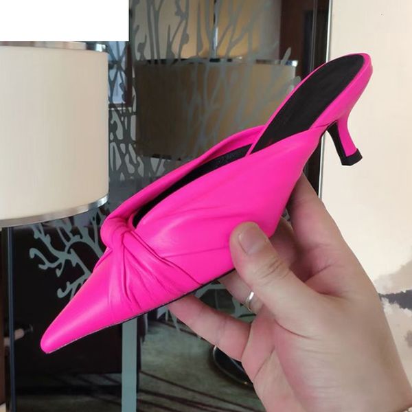 

sandals summer slippers kitten heel mules genuine leather knotted pointed toe dress ladies party shoes women sandalias 2021 c, Black