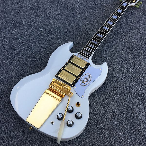 

jimi hendrix white sg electric guitar long version maestro vibrola tremolo tailpiece & harpe logo, 3 humbucker pickups, gold hardware, star