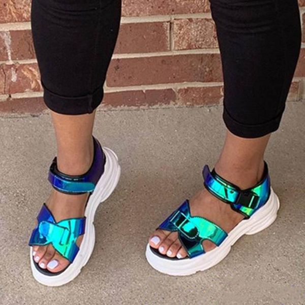 

sandals women's fashion summer patent leather hook loop large size platform wedge sandal zapatos mujer #40, Black