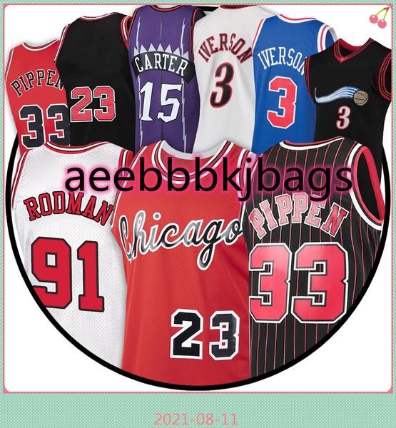 

33 scottie 91 dennis pippen 23 mj jersey rodman 15 vince iverson carter 3 allen ncaa basketball jerseys cxcz, Black;red