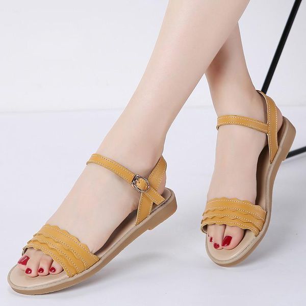 

summer women sandals flat heel leather ladies original slingback beach shoes, Black