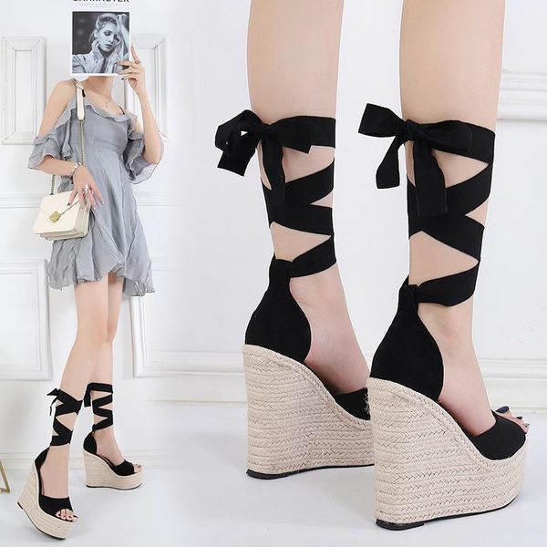 

sandals summer platform wedge for women's with strappy fish mouth rope weaving high heels shoes, Black