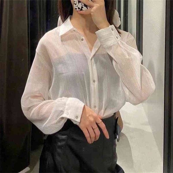 

casual woman beige loose seethrough shirts spring fashion ladies shiny oversized blouse female elegant streetwear 210515, White