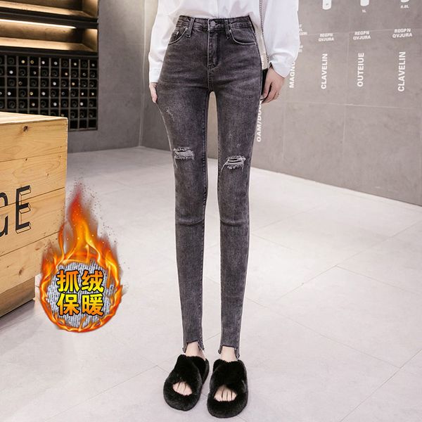 

kog554 gray add/wool female new winter high waist jeans show false hole tight elastic foot trousers, Blue