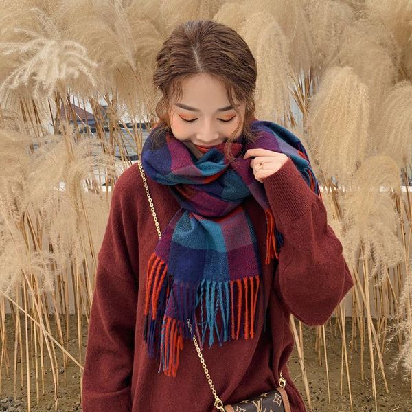 

scarves plaid female tassel thick warm scarf shawl winter echarpe femme hiver luxe szalik damski sjaal, Blue;gray