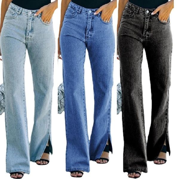 

women's jeans women autumn middle waist denim ladies casual straight jean pants solid color long, Blue
