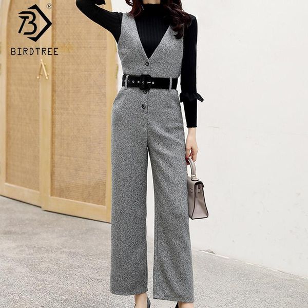 

women's jumpsuits & rompers 2021 spring office lady pockets fashion v-neck high waist wide leg female s01214o, Black;white