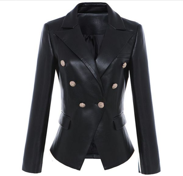 

new style original design women's slim classic leather blazer metal buckles double-breasted black motorcycle jacket coat