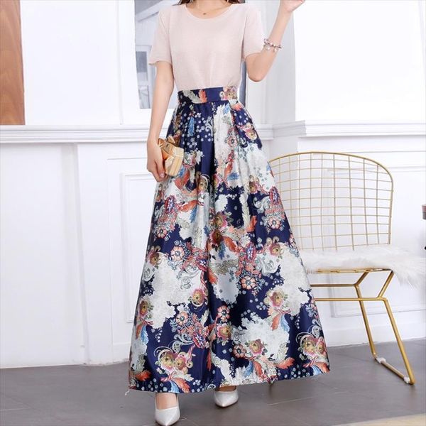

fashion summer long floral printed womens skirts high waist chic polyester vintage maxi skirt with pockets big swing a line, Black