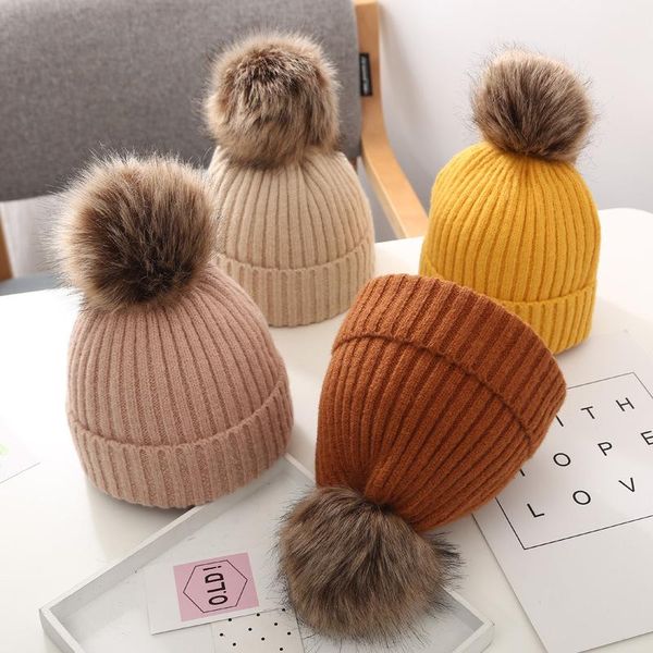 

caps & hats children winter hat cute pompom baby cap solid color knitting warm soft beanie kids boys girls hairball, Yellow