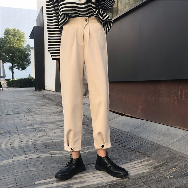 

spring autumn women pencil harlan pants casual woolen female winter thick high waist loose trousers capris 210421, Black;white