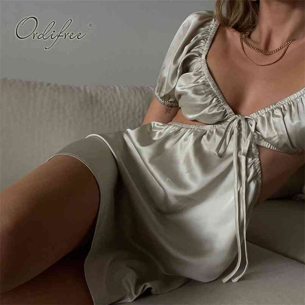 

summer women satin party dress short sleeve backless night club wear mini 210513, Black;gray