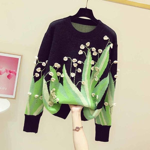 

women's sweaters crochet floral jacquard knit sweater women oversized pullovers 2021 autumn winter thick black sueter mujer, White;black