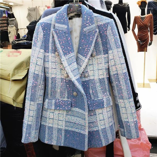 

women's jackets [ewq] 2021 winter female turn down collar one button sequins minimalist loose panelled plaid tweed jacket cardigan coat, Black;brown