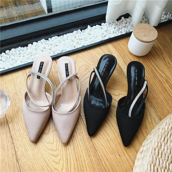 

brand silk sandals women thin heels crystal sandalias mujer 2021 pointed toe beach flip flops gladiator rhinestone shoes ladies, Black