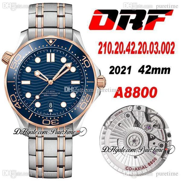 

orf 300m a8800 automatic mens watch two tone rose gold ceramics bezel blue wave textured dial stainless steel bracelet 2210.20.42.20.03.002, Slivery;brown
