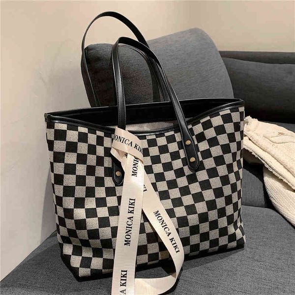 

shopping bags trendy ribbon checkered large shopper tote shoulder for women brand designer plaid big work ladies handbags 220309