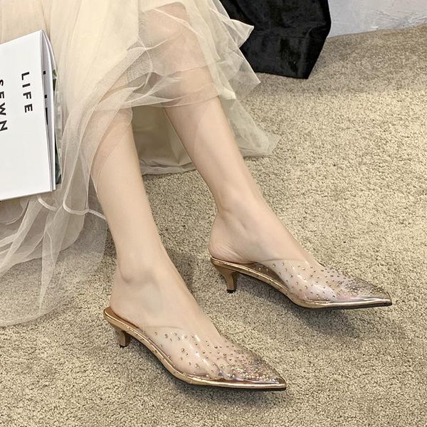 

slippers 2021 clear women crystal thin heels pointed toe summer shoes strange style heel mules woman, Black