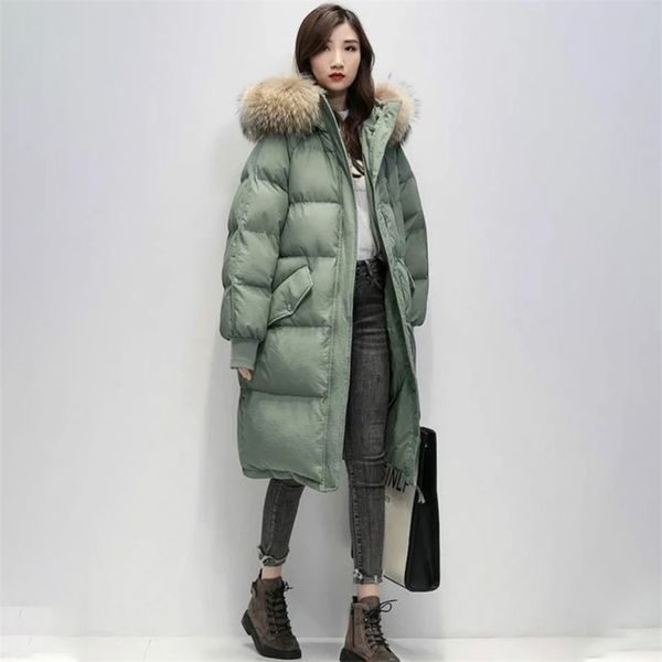 

women's winter cotton-padded jacket korean stye large fur collar hooded long down cotton parkas warm loose clothing women coat 210923, Black