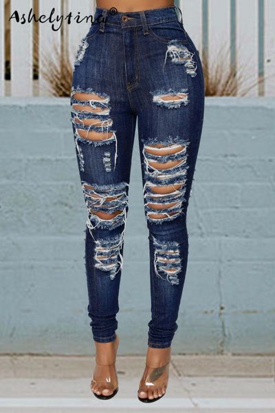 

women's jeans fashion casual street wash ripped, Blue