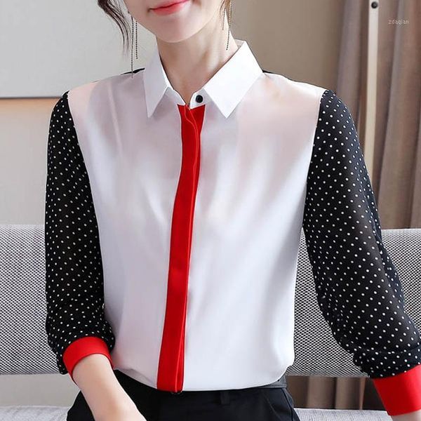 

autumn long sleeve dot chiffon blouse shirt women blusas mujer de moda 2021 turn down collar office blusa d637 women's blouses & shirts, White