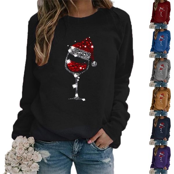 

women hoodie female christmas long sleeve red wine cup print round neck elegant lady loose multiocolor autumn clothing 210522, White
