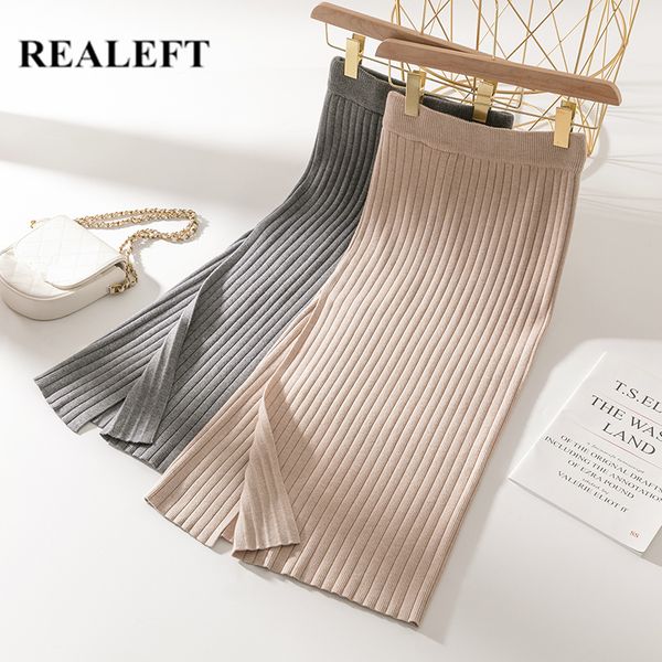 

autumn winter knitted women's a-line skirts elastic high waist side split long skirt wrap korean 210428, Black