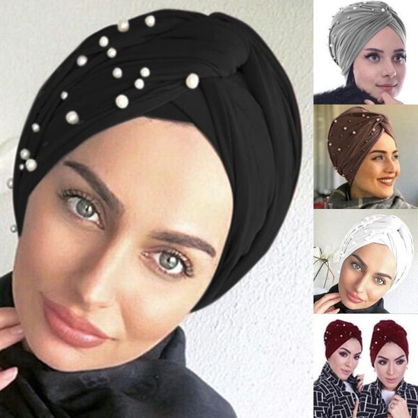 

spring autumn women scarf elegant ladies beanie hat muslim turban inner hijabs fashion beads decoration ethnic clothing, Red