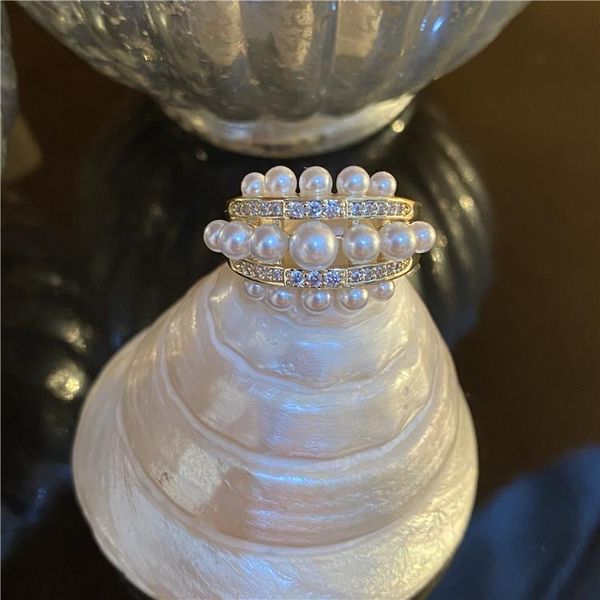 

wedding rings luxury female round crystal stone ring charm gold color open for women dainty bride white pearl engagement, Slivery;golden