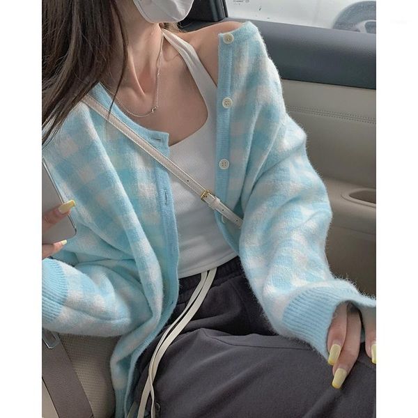 

women's jackets 2021 autumn plaid knitted coat women korean style long sleeve elegant cardigan sweater female outdoor y2k jacket office, Black;brown