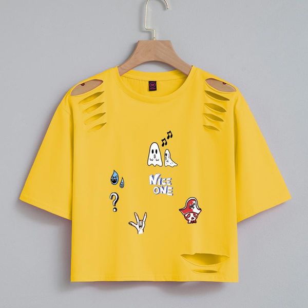 

women's t-shirt short t shirt for girls sleeve cotton crop loose tees gothic punk hole tshirt women harajuku ulzzang streetwear lady, White