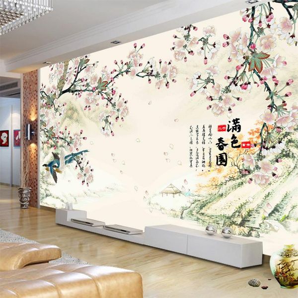 

wallpapers 3d custom chinese style spring scenery garden painting moisture-proof thick silk cloth wallpaper household wall decoration mural