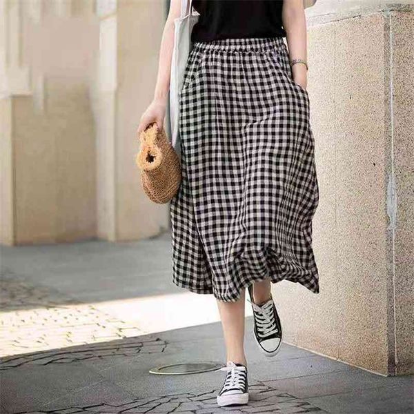 

summer arts style women loose casual elastic waist mid-calf skirt all-matched plaid cotton linen a-line skirts w308 210512, Black
