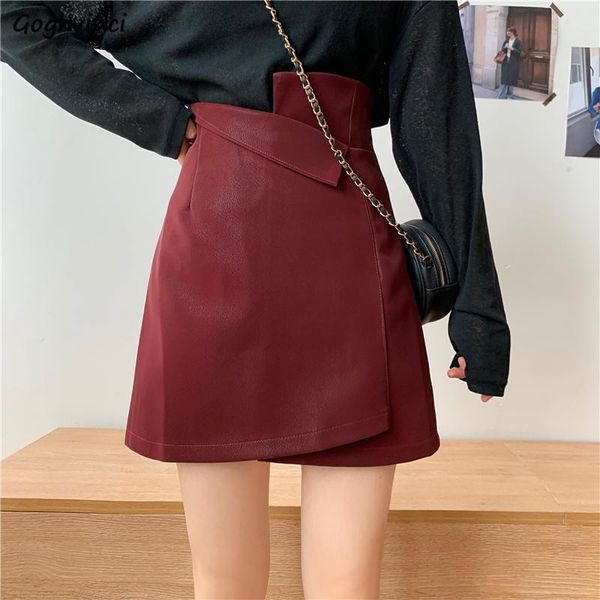

skirts women pu chic high waist solid irregular elegant fashion autumn hip-skirt a-line mini vintage all-match ulzzang faldas, Black