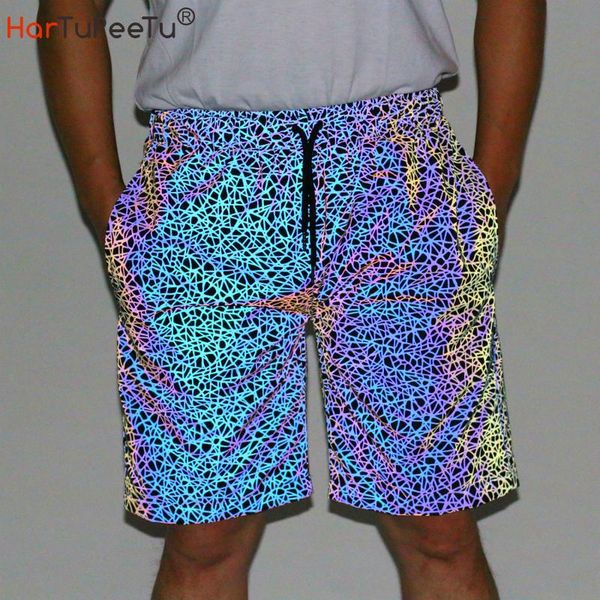 

knee length men shorts reflective colourful bird nest print jogger male summer night run dance party with mesh lining men's, White;black