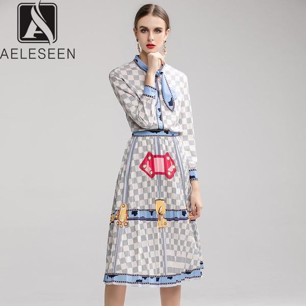 

two piece dress aeleseen 2021 office lady twinset elegant bow collar single-breasted blouse + runway print mid-calf skirt plaid women suits, White