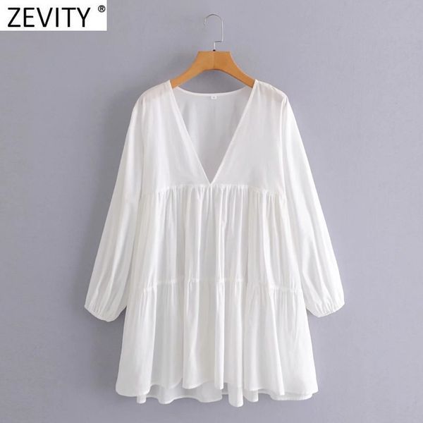 

zevity spring women simply v neck casual loose pleats mini dress female chic lantern sleeve brand kimono vestido ds4949 210419, Black;gray