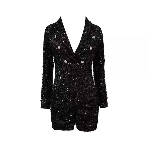 

women's jumpsuits & rompers women fashion button sequined playsuits 2021 design celebrity v neck bodycon long sleeve clubwear party bla, Black;white