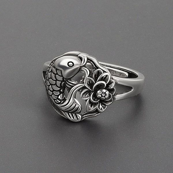 

cluster rings 925 sterling silver vintage animal fish flowers for women trendy creative open women's ring jewelry accessories, Golden;silver