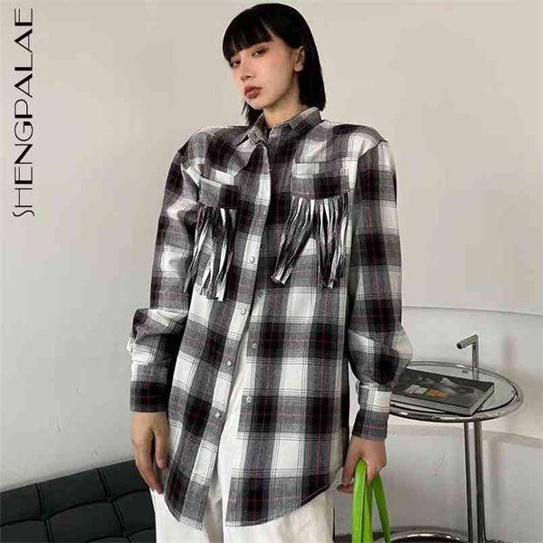 

plaid blouse women's spring lapel tassel pocket single breasted large size long sleeve shirt female 5a1330 210427, White