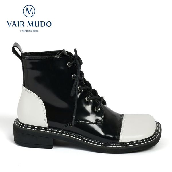 

boots vair mudo women ankle shoes elegant fashion thick bottom patent leather office lady short plush wm-x521-c, Black