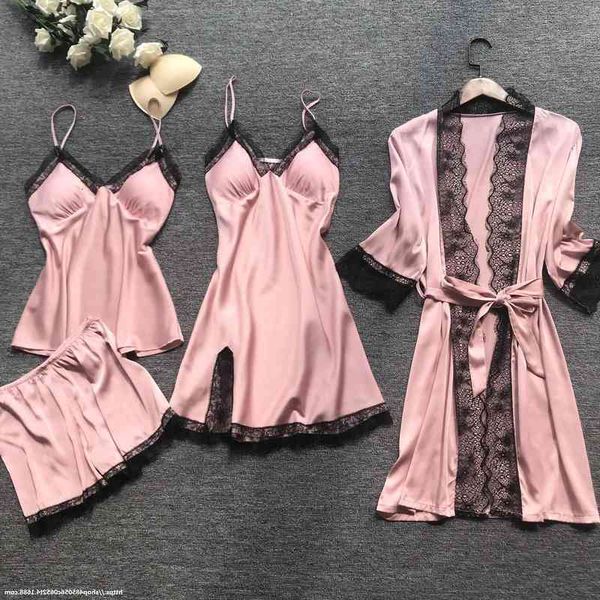 

pink 4 pieces pajamas womens sleepwears set satin silk nightwear spaghetti strap lace sleep lounge pijama with chest pads, Black;red