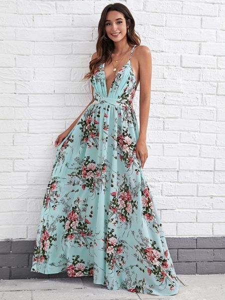 

criss cross backless floral maxi dress s39i#, Black;gray