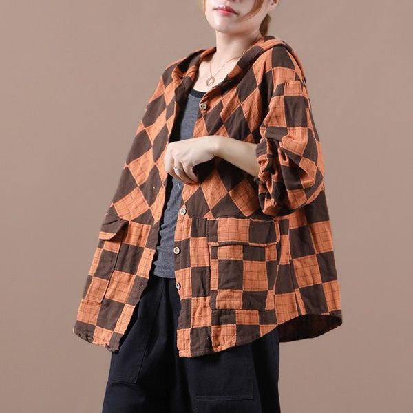 

women's jackets autumn hooded coats women cotton linen plaid pockets loose casual open stitch tees wild female, Black;brown