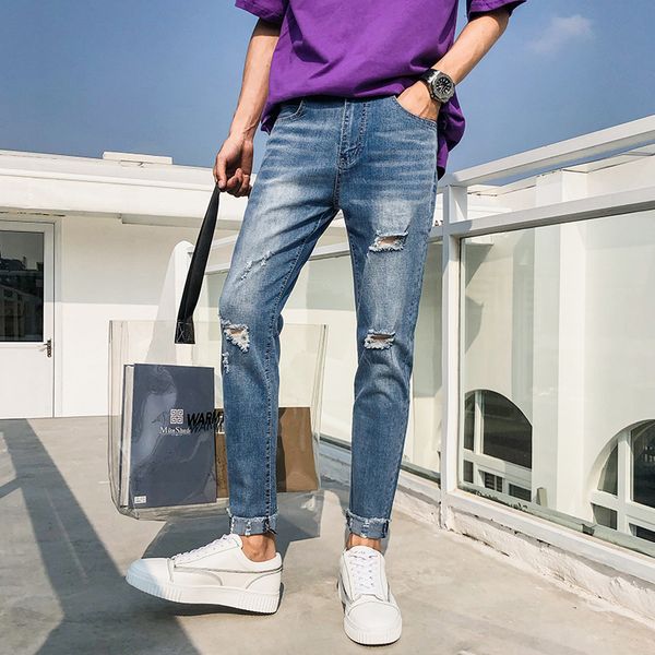 

fashion hole plus size ankle length casual denim jeans slim masculino, Blue