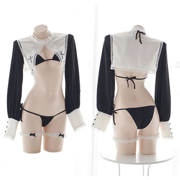 

lolita sleepwear nun uniform underwear hollow out long sleeve lace bikini set cosplay maid costumes dropshipping, Black;white
