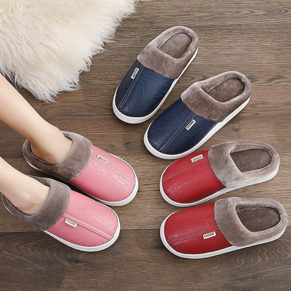 

slippers men women winter pu leather warm indoor slipper waterproof home shoes plush fur, Black