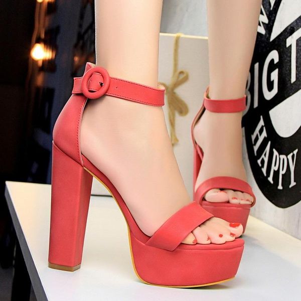 

dress shoes candy color buckle strap women's pumps elegant open toe lady high heels stiletto flock platform casual designer sandals, Black